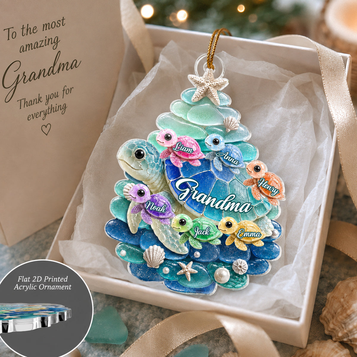 Turtle Grandma Grandkids - Personalized Acrylic Ornament - Christmas Gift for Grandma, Grandkids