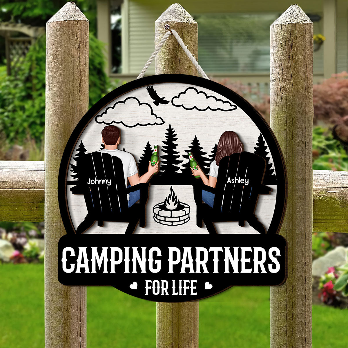 Camping Couple Sitting Back View, Campfire, Fire Pit Personalized Wood Sign