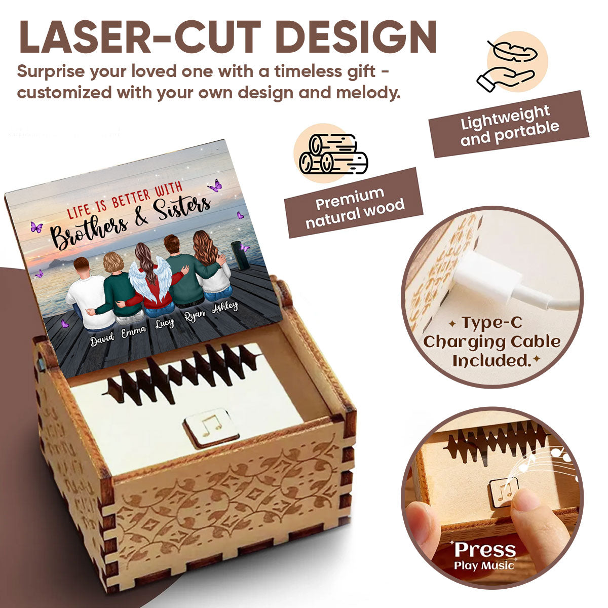 Life Is Better With Brothers And Sisters - Personalized Wooden Music Box - Anniversary, Valentine's Day Gift, Gift For Him, Gift For Her
