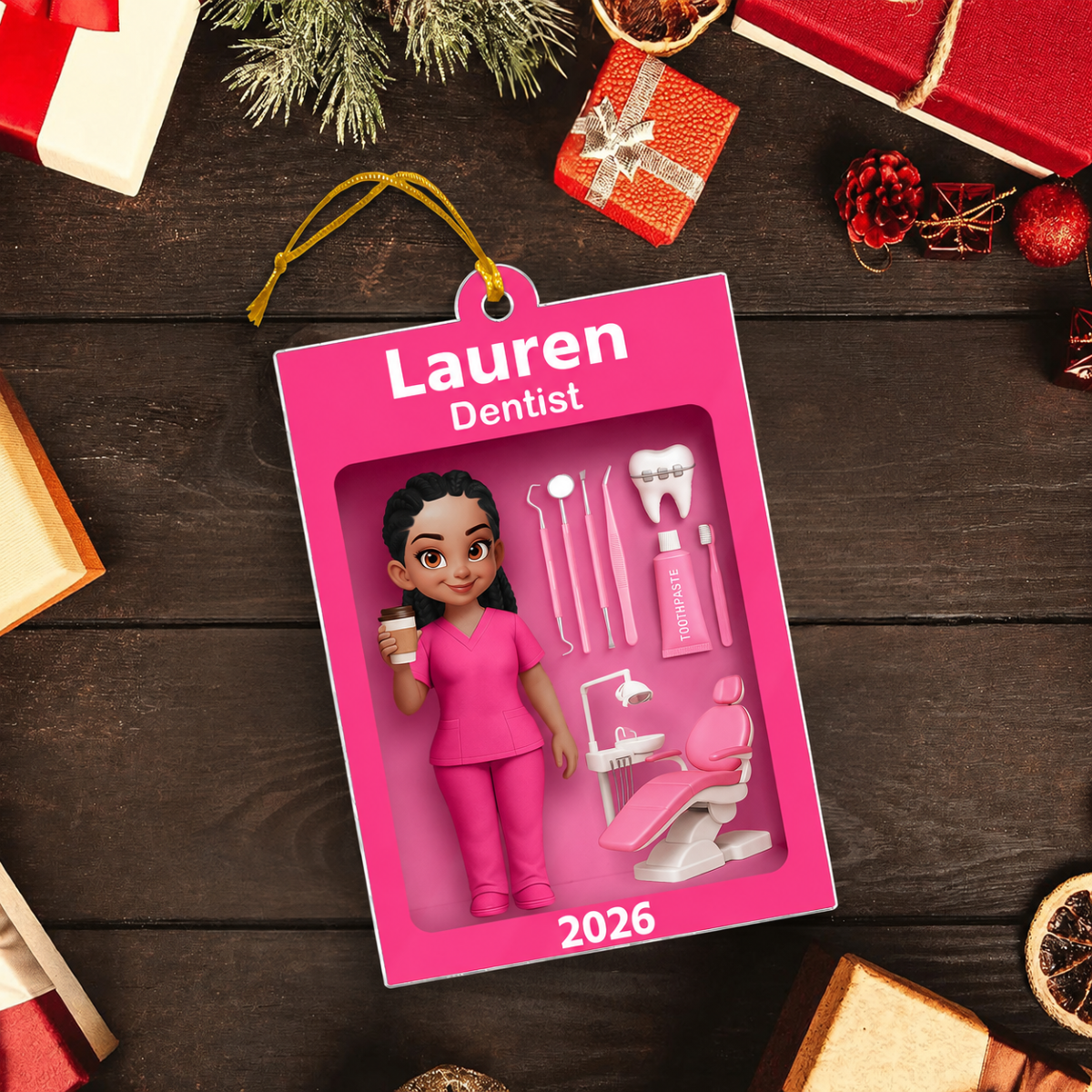 Pink Dentist Action Figure - Personalized Acrylic Ornament - Unique Christmas Gift For Dentist
