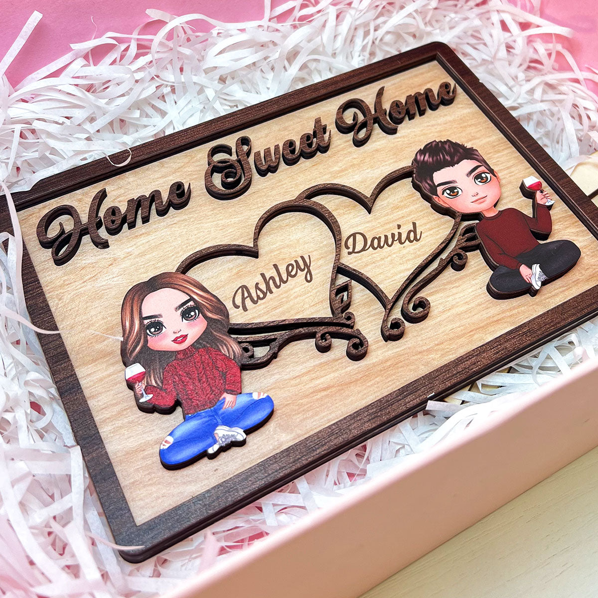 Doll Couple Sitting Home Sweet Home Valentine‘s Day Gift Personalized 2-Layer Wooden Plaque