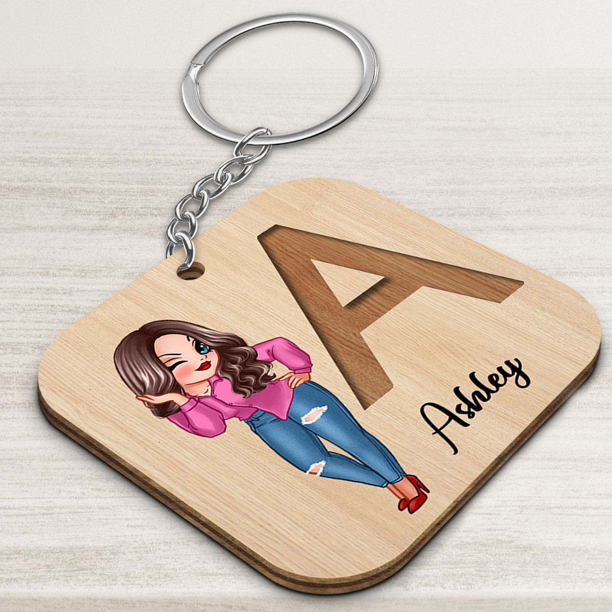 Custom Character And Initial Name Birthday Gift For Family Friends Personalized Wooden Keychain