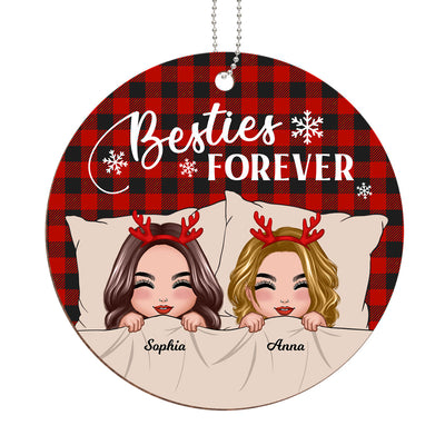 Checkered Pattern Doll Besties Snuggle In Blanket Christmas Personalized Wooden Ornament