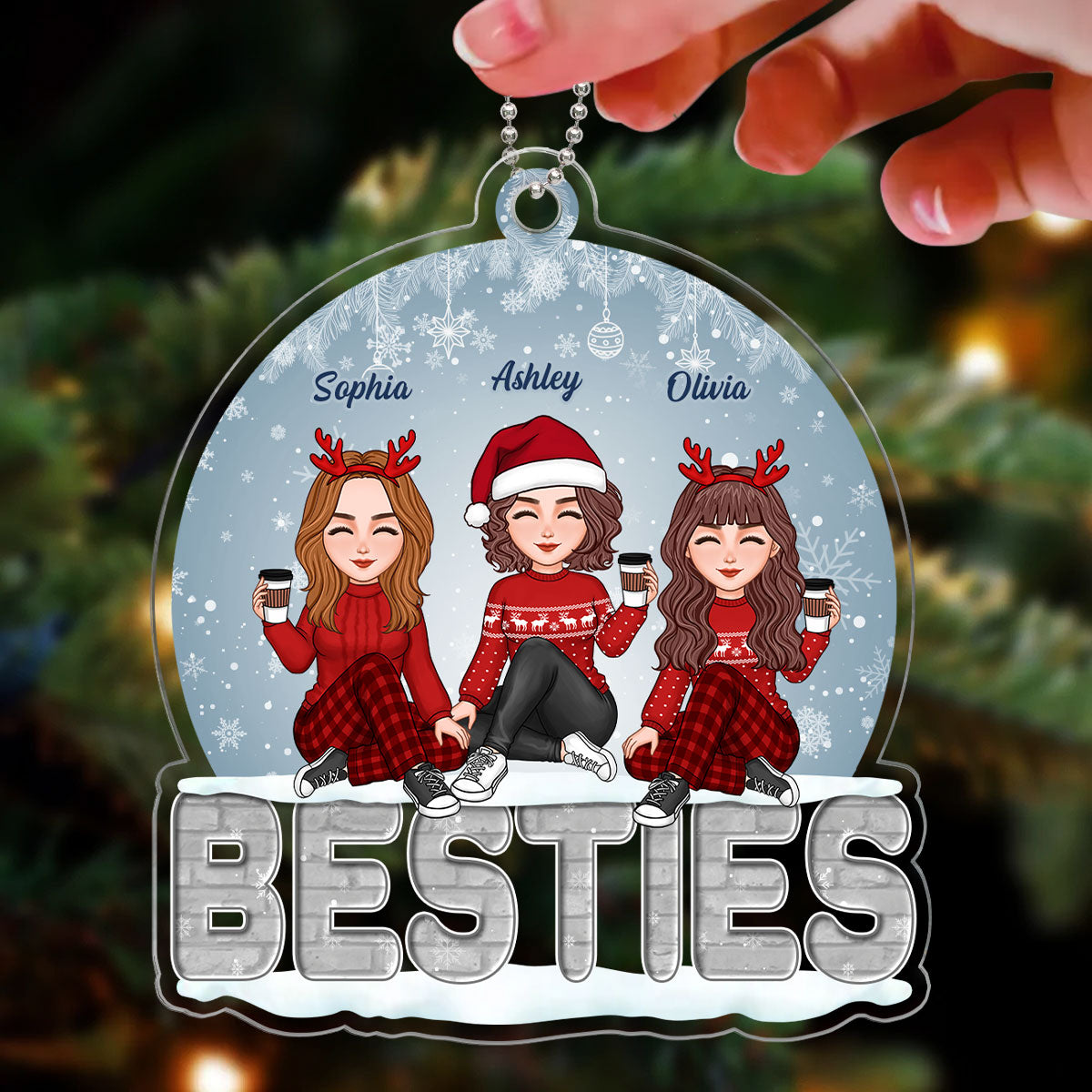 Sisters Besties Sitting On Brick Snow Globe Personalized Acrylic Ornament