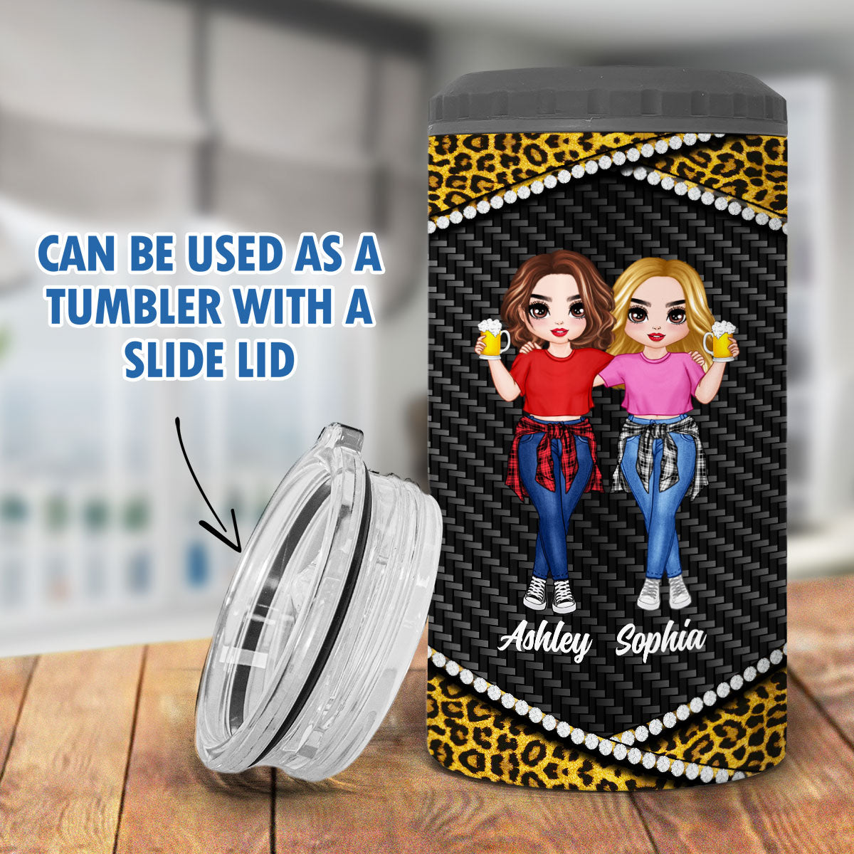 Leopard Frame Pattern Doll Besties Personalized 4 In 1 Can Cooler