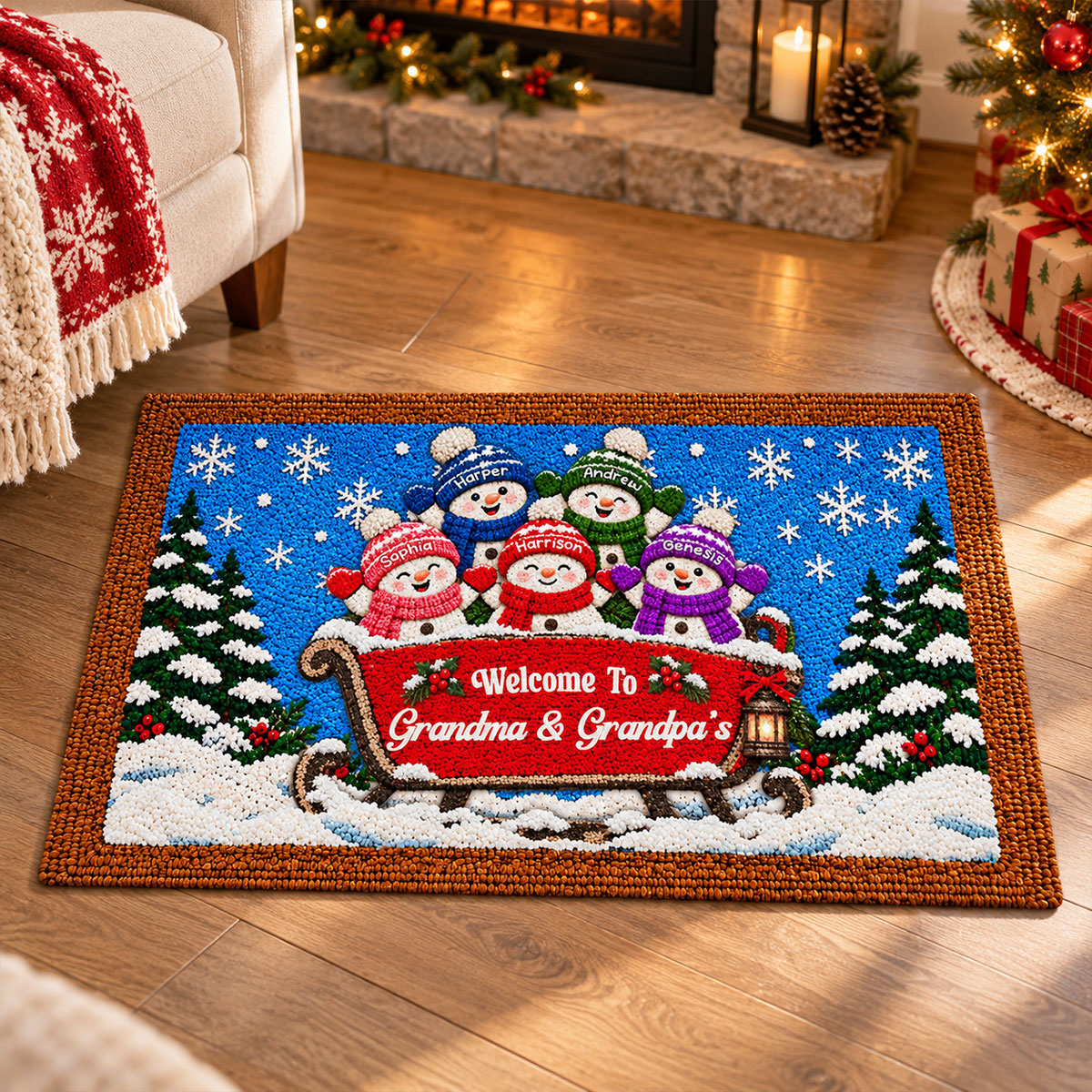 Welcome To Grandparents' Grandkids Snowman On Sleigh - Personalized Door Mat - Christmas Decor For Grandparents, Family