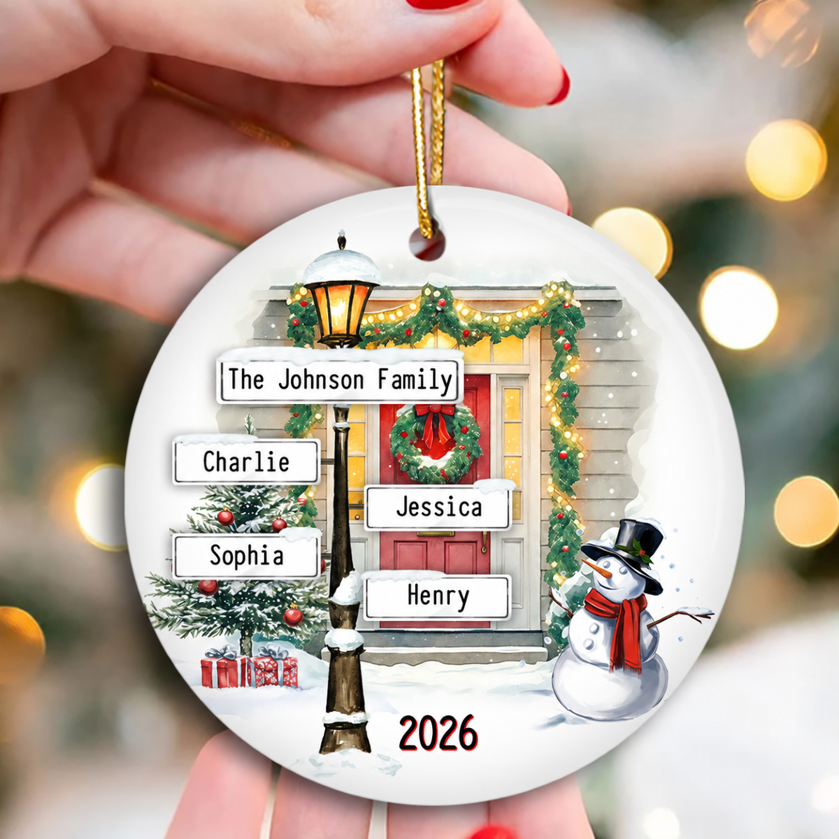 Family Christmas Street Lamp Directional Signs Personalized Ceramic Ornament, Christmas Gift For Family