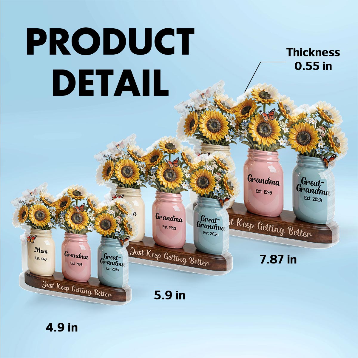 Mom Grandma Great Grandma Sunflowers Jars Est. Years 2D Flat - Personalized Acrylic Block Plaque