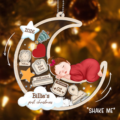 Baby Sleeping On Moon First Christmas Personalized 4D Shaker Ornament, Custom Newborn Gift
