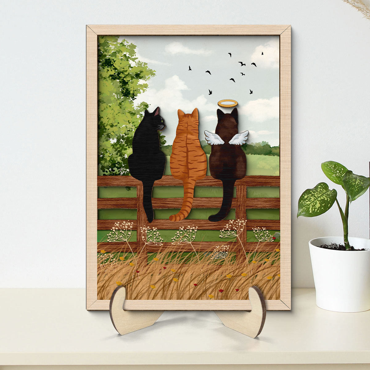 Cat Portrait Prints Cats Sitting on Fence in Countryside Personalized 2-Layer Wooden Plaque