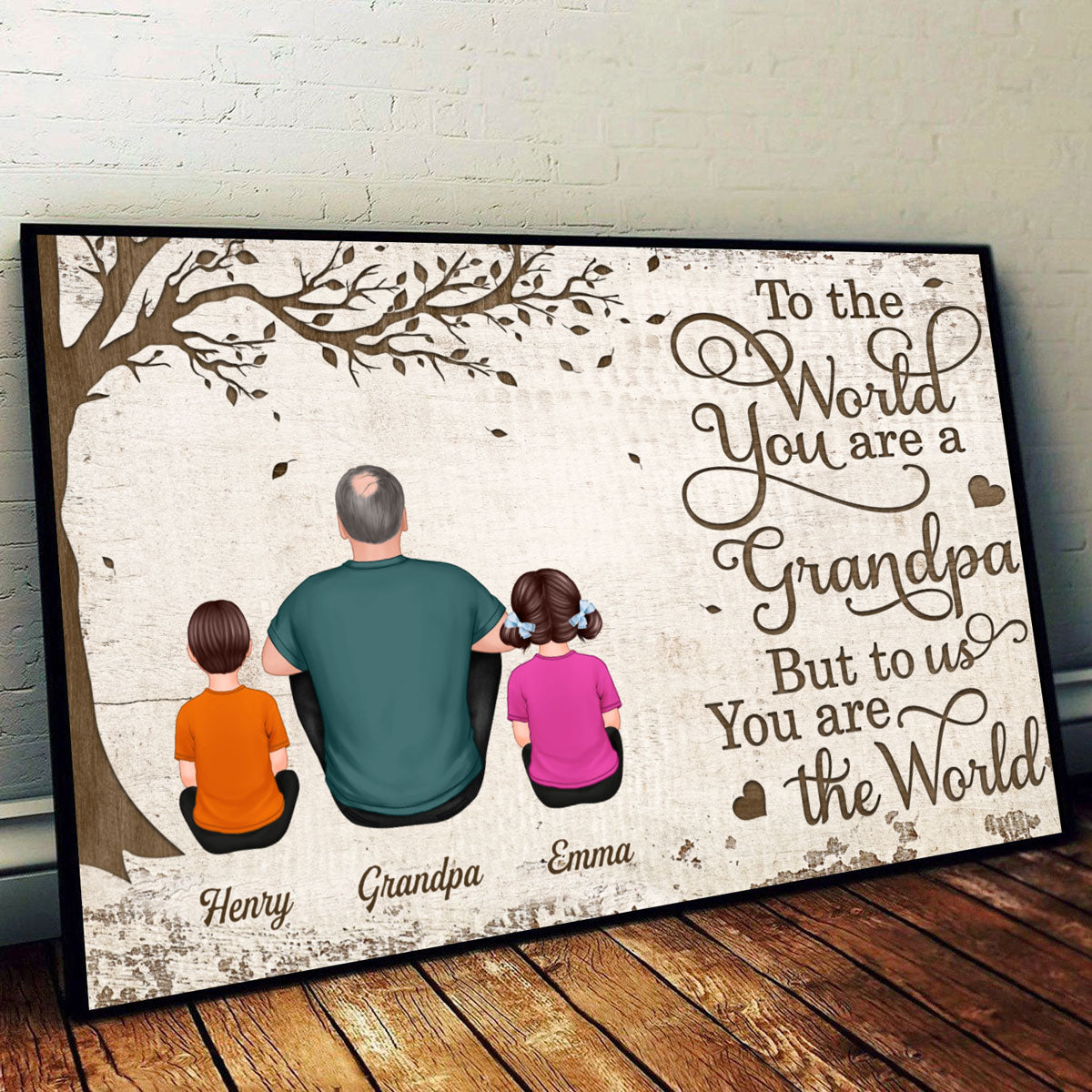 Back View Dad And Kids Dogs Cats Sitting Personalized Horizontal Poster