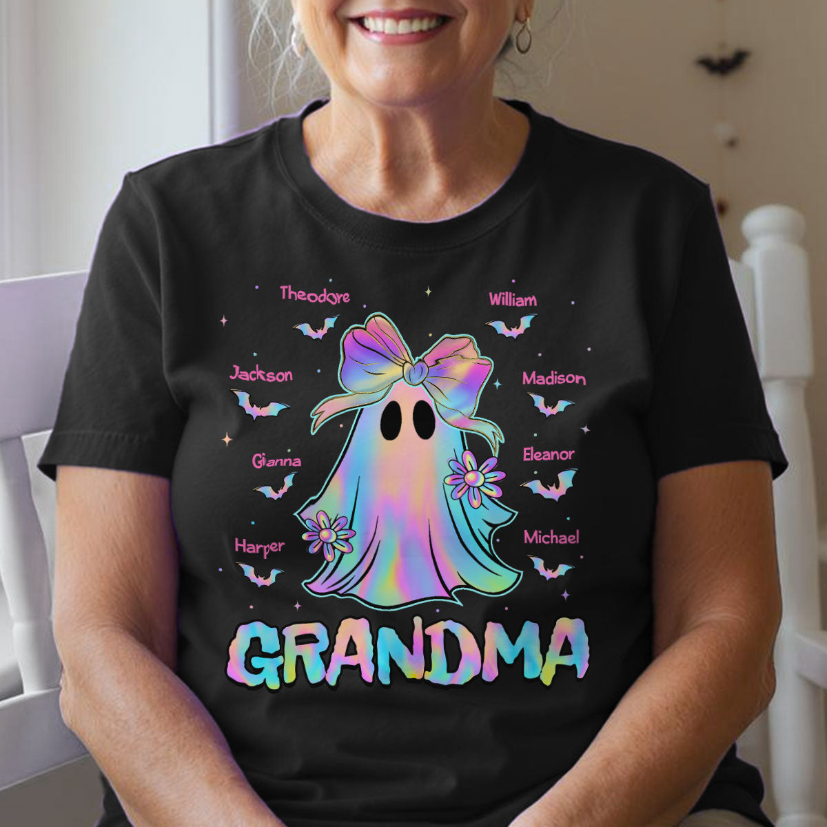 Halloween Preppy Style Iridescent Boo Kids Names Grandma Heart Personalized Shirt