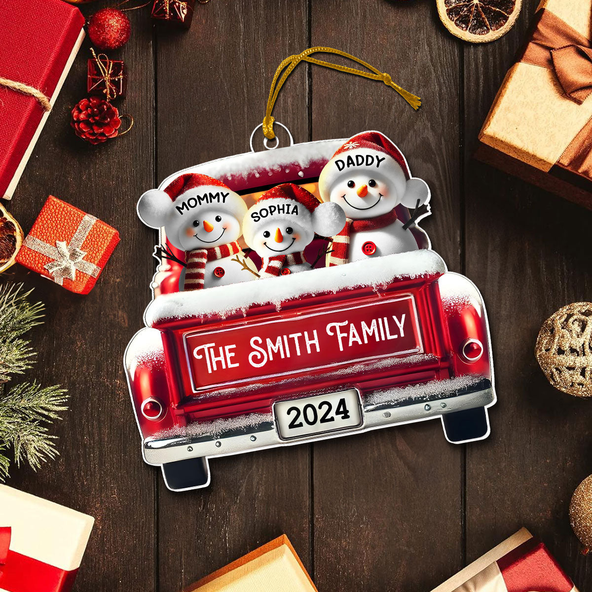 Personalized Snowman Family Acrylic Christmas Ornament, Red Truck Custom Name 3D Effect Ornament