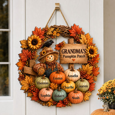Grandma's Scarecrow Pumpkin Patch - Personalized Wooden Door Sign - Fall Decor for Grandma