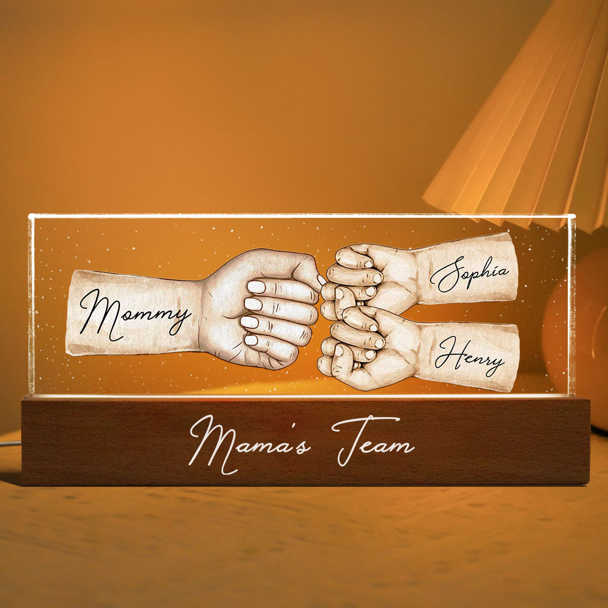 Mama's Team Fist Bump Personalized Acrylic LED Night Light, Gift For Mom, Grandma