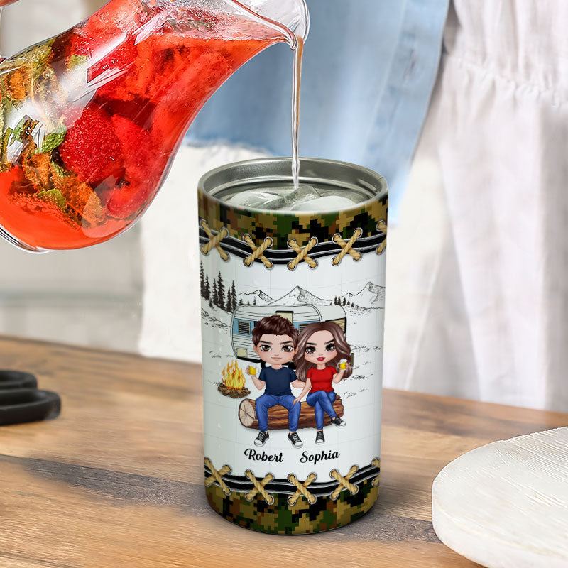 Doll Camping Couple On Wood Log Personalized 4 In 1 Can Cooler