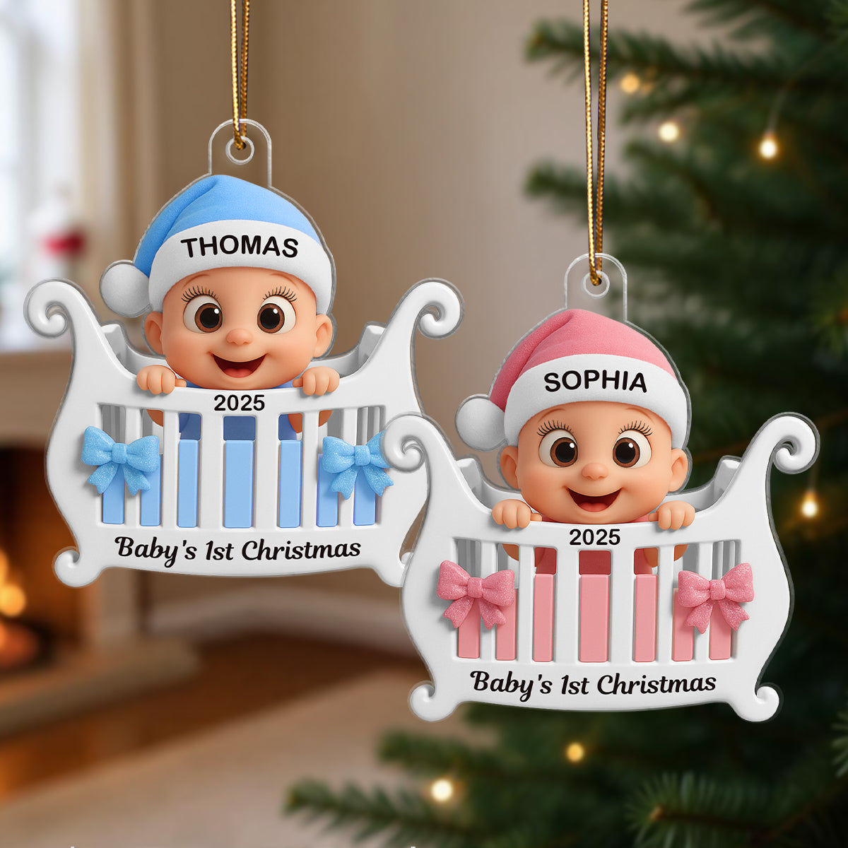3D Effect Cute Cartoon Baby In Crib Baby's 1st Christmas Personalized Acrylic Flat Ornament