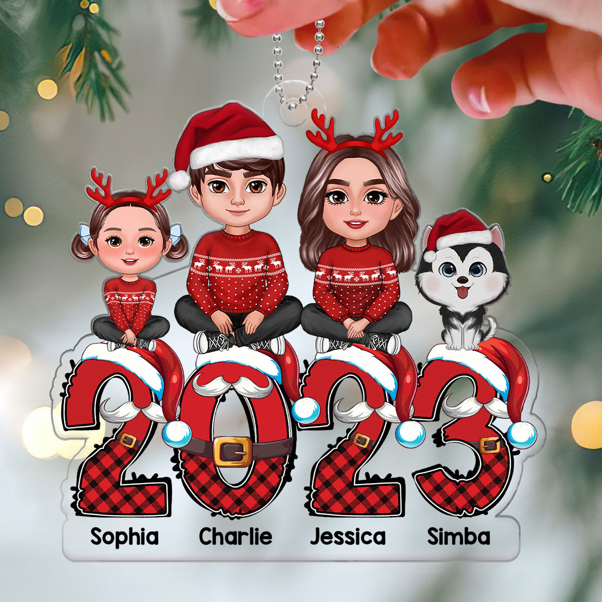 Family Sitting Crossed Legs On Santa Christmas 2023 Personalized Acrylic Ornament