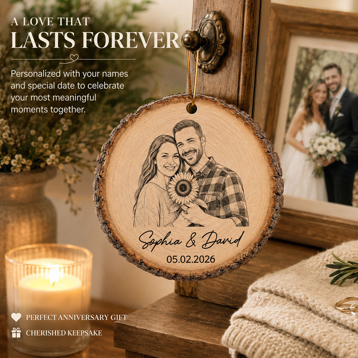 Sketch Style Couple Forever Love Custom Photo - Personalized Wooden Ornament - Christmas Gift, Anniversary Gift For Couple