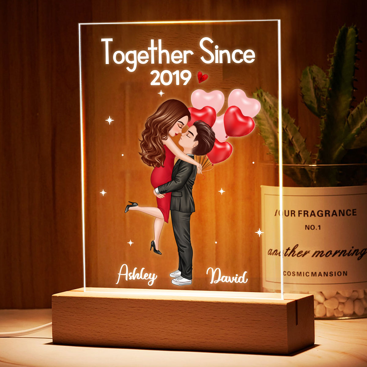 Doll Hugging Couple Valentine‘s Anniversary Gift For Him Gift For Her Personalized Rectangle Acrylic Plaque LED Lamp Night Light