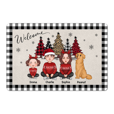 Leopard Checkered Pattern Christmas Tree Cute Family Dad Mom Kids Dogs Cats Personalized Doormat