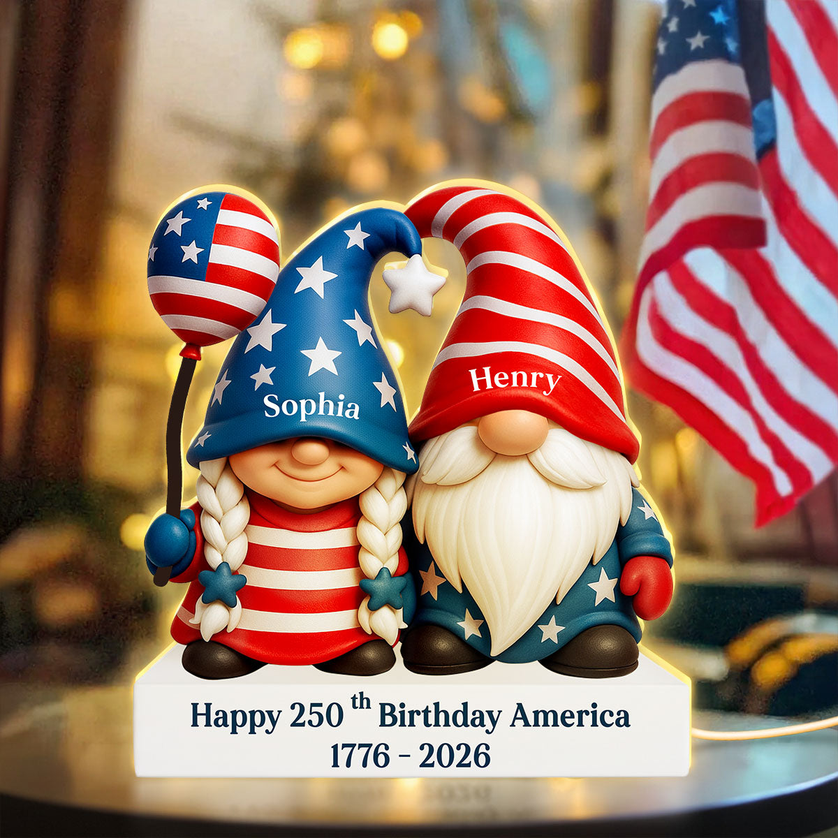 250th Anniversary American Gnome Couple - Personalized Light Box - Perfect Christmas Gift for Couple, for Her, for Him