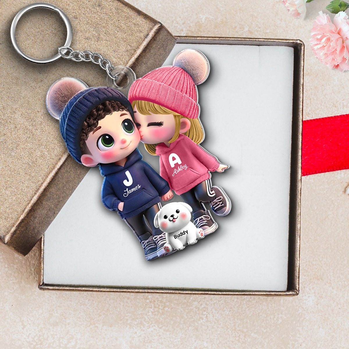3D Effect Cute Cartoon Couple You Me And The Dog Cat Personalized Acrylic Keychain,  Unique Valentine's Day Gift For Him, Gift For Her