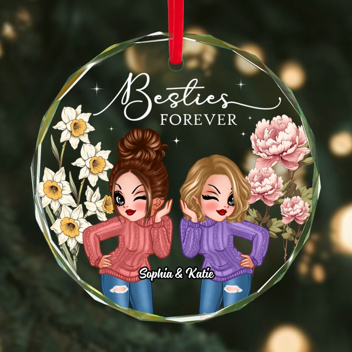 Besties Sisters Birth Month Flowers Personalized Glass Ornament, Christmas Gift For Best Friends