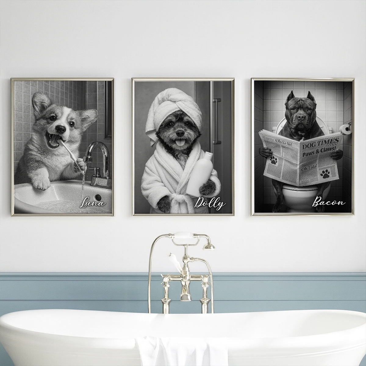 Custom Pet Portrait from Photo, Funny Bathroom Dog Reading Newspaper on Toilet, Dog Wall Art, Personalized Pet Gift