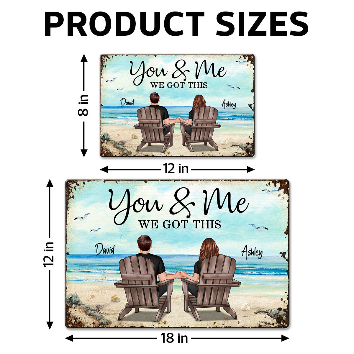 Back View Couple Sitting Beach Landscape Personalized Metal Sign