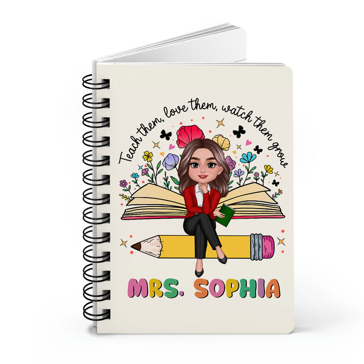 Teacher Teach Love Watch Them Grow Wildflowers Personalized Spiral Notebook Journal, Back To School Stationery