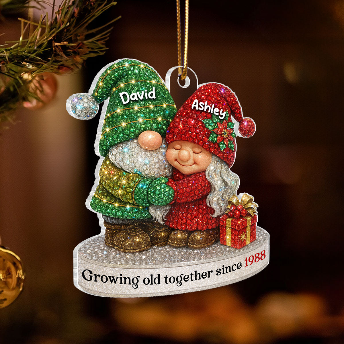 Crystal 3D Effect Gnome Old Couple - Personalized Acrylic Ornament - Christmas Gift for Couple, Husband, Wife
