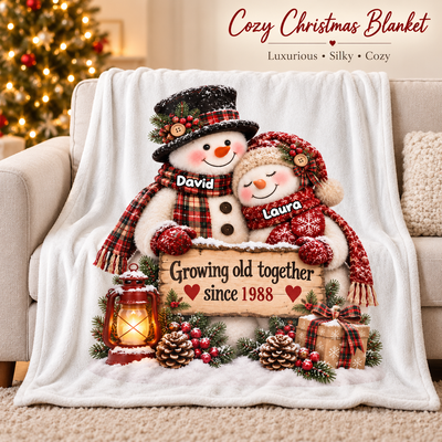Snowman Couple Hugging Growing Old Together - Personalized Fleece Blanket - Heartfelt Christmas Gift for Her, for Him