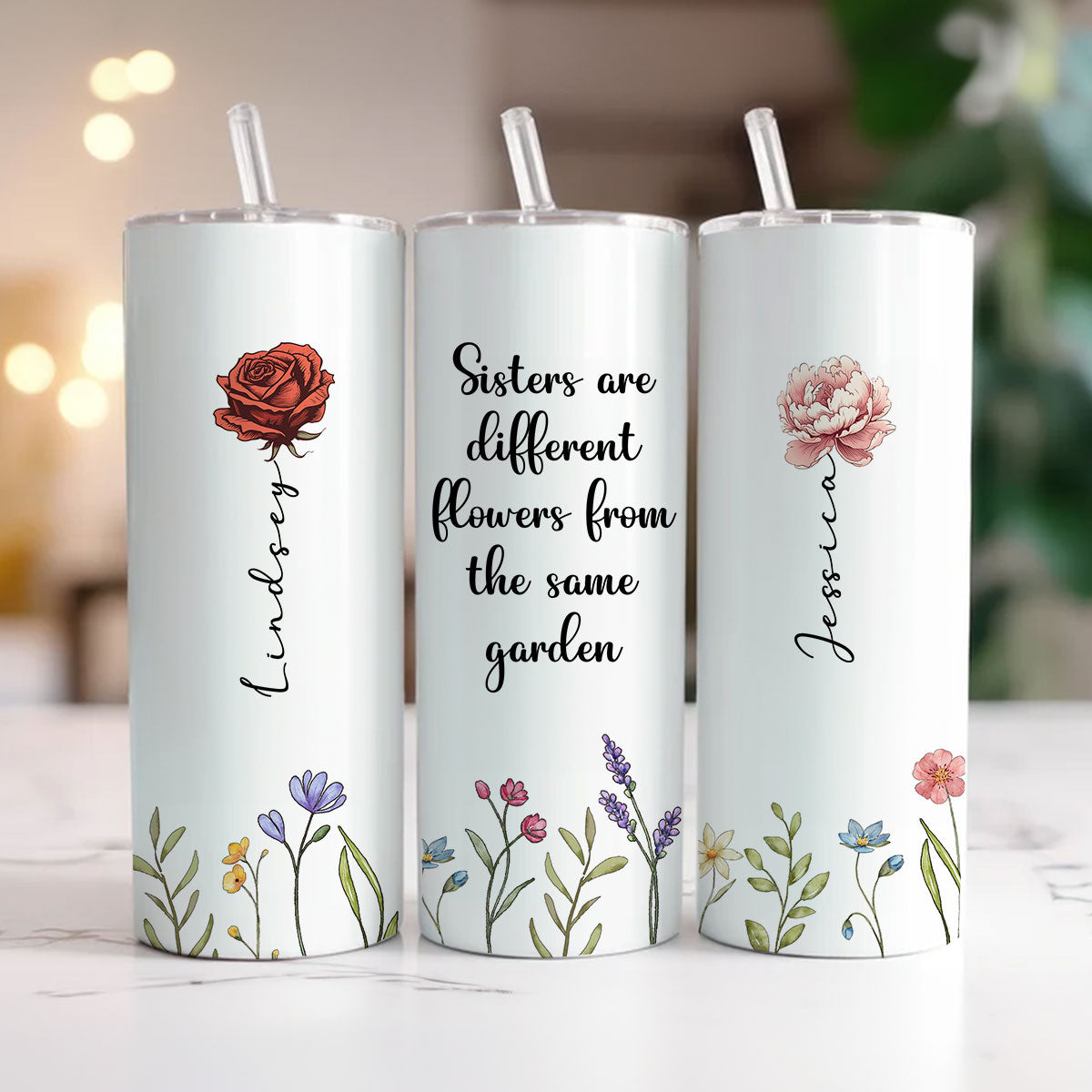 Sisters Are Different Flowers From The Same Garden Personalized Skinny Tumbler, Birthday, Christmas Gift For Sisters, Siblings, Besties