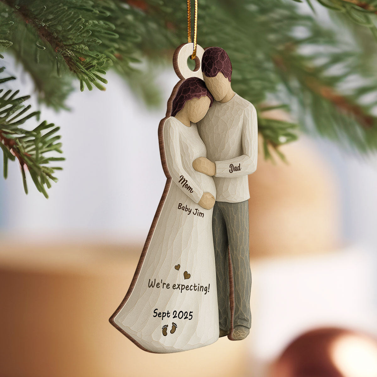 2D Flat Waiting For You With All Our Hearts Couple Expecting Baby - Personalized Wooden Ornament, Baby Shower Gift For Parents-to-be