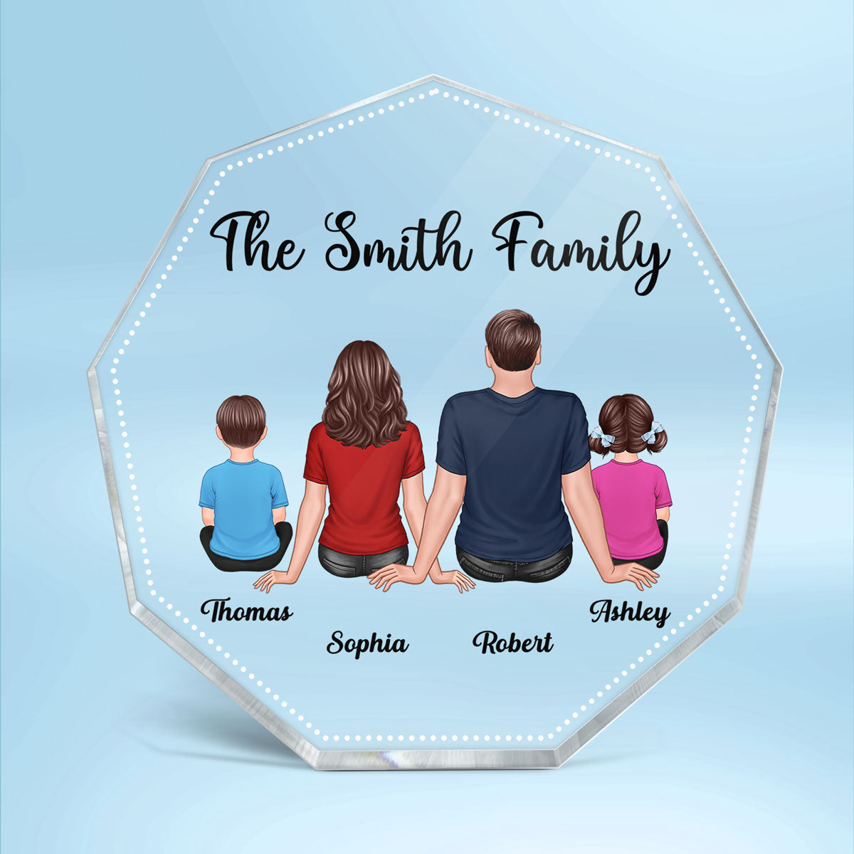 Family Couple Kid Dog Cat Sitting Back View Family Keepsake Decor Personalized Nonagon Acrylic Block Plaque