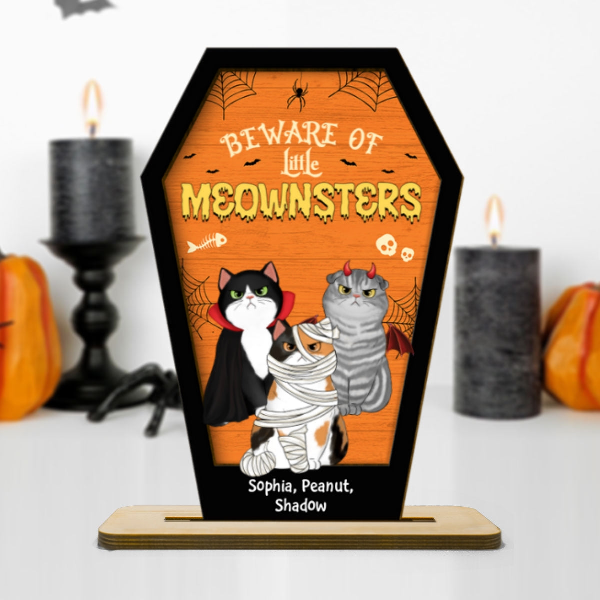Beware Of Little Meownsters Coffin Shaped Personalized 2 Layer Standing Wooden Plaque, Halloween Tiered Tray Decor