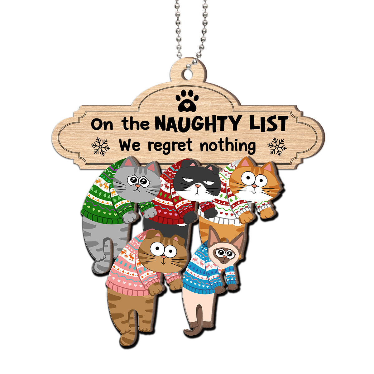Christmas Naughty Cats Hanging On Mantel Personalized 2-Layer Wooden Ornament, Gift For Cat Lovers