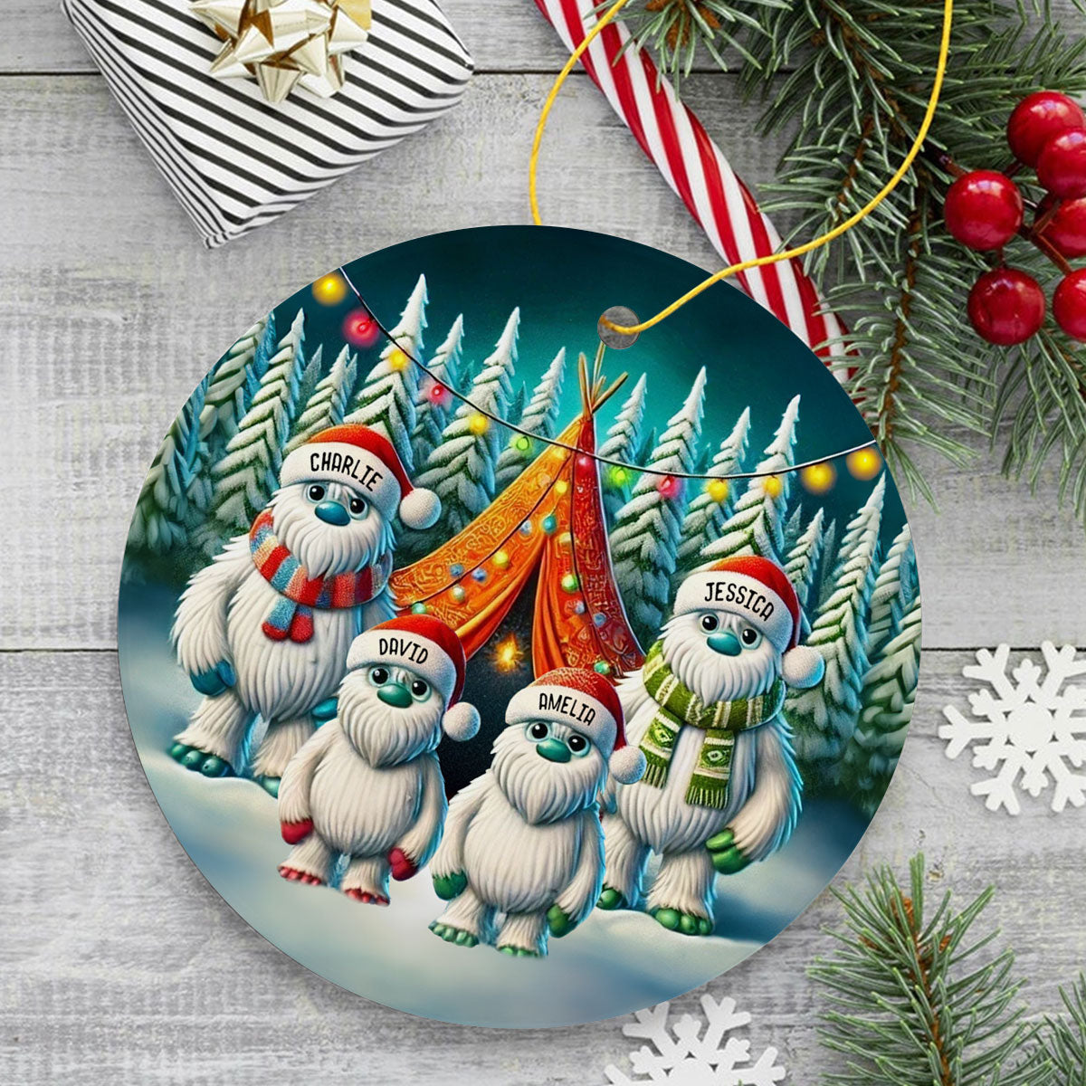 Bigfoot Family Camping Ceramic Ornament, 2024 Funny Whimsical Family Ornament, Christmas Ornament For Camping Family, For Campers