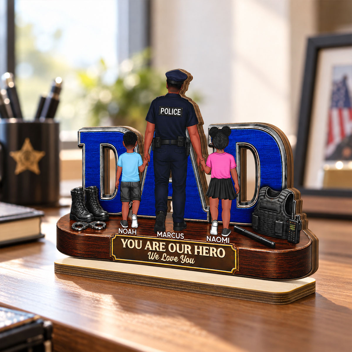 Proud Police Dad - Personalized 2-Layered Wooden Plaque - Christmas Gift For Police, Dad, Husband, Father