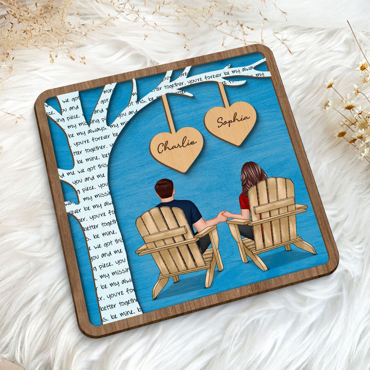 Couple Sitting Back View Under Text Tree Personalized 2-layer Wooden Plaque,  Gift For Him, For Her