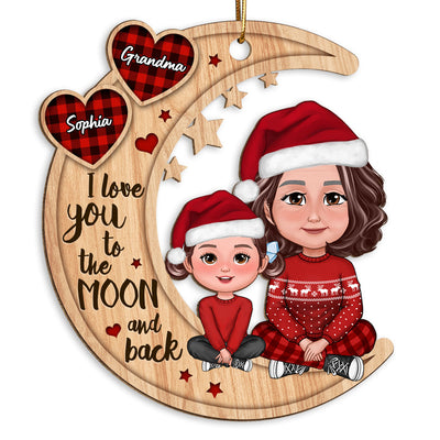 Checkered Pattern Heart Crossed Legs Doll Grandma & Grandkid Sitting On Moon Personalized Wooden Ornament
