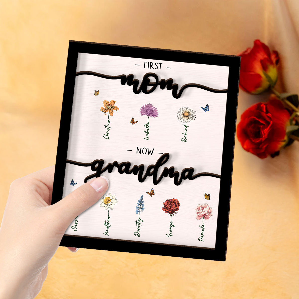First Mom Now Grandma Birth Month Flowers Personalized 2-Layer Wooden Plaque With LED, Gift for Mom, Grandma, for Mother's Day
