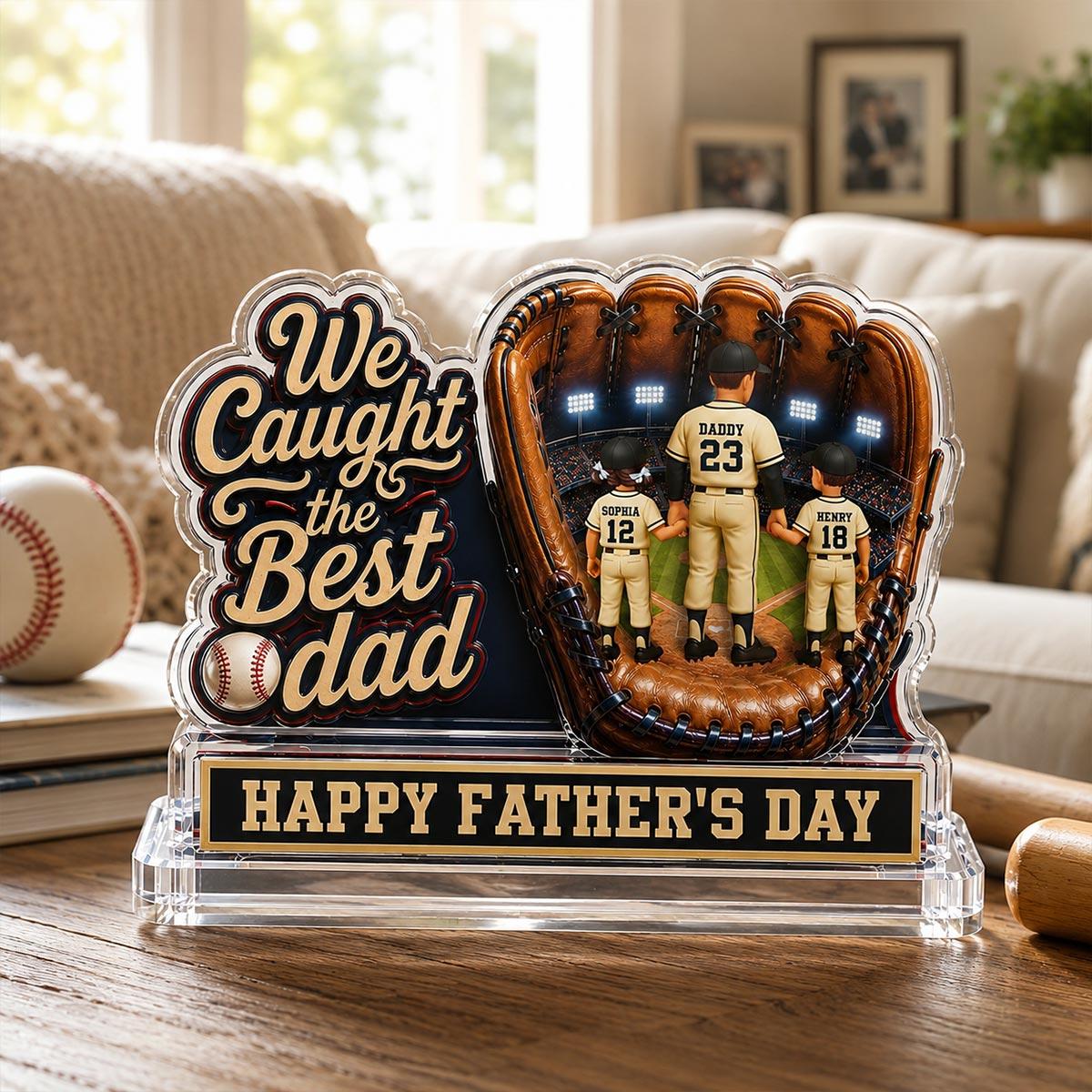 We Caught The Best Dad Dad & Kids In Glove 2D Flat - Personalized Acrylic Block Plaque - Happy Father's Day For Baseball Dad