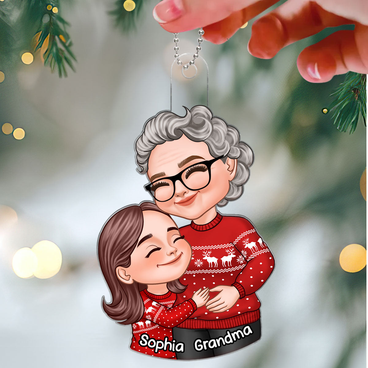 Christmas Cartoon Grandma & Grandkid Hugging Gift For Granddaughter Grandson Personalized Acrylic Ornament