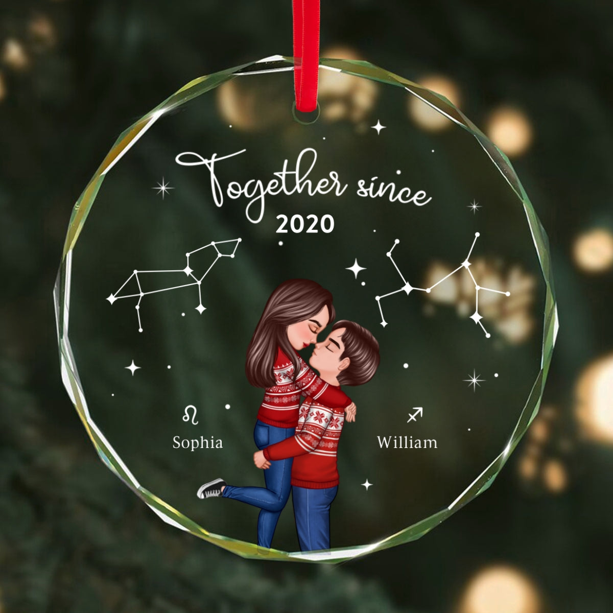 Couple Hugging Kissing Zodiac Sign Personalized Glass Ornament, Christmas Gift For Him For Her