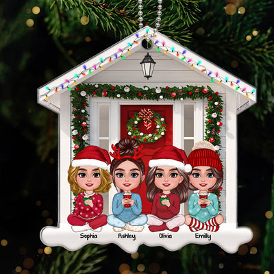 Besties Sisters Sitting Front Door House Shaped Personalized Acrylic Ornament