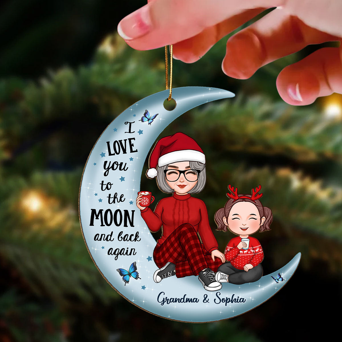 Cute Grandma & Grandkid On Blue Moon Christmas Gift Personalized Wooden Ornament