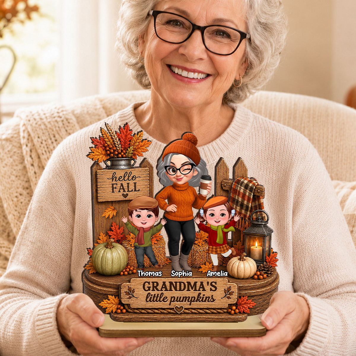 Hello Fall Grandma's Little Pumpkins - Personalized 2-Layered Wooden Plaque - Cozy Fall Decor for Grandma