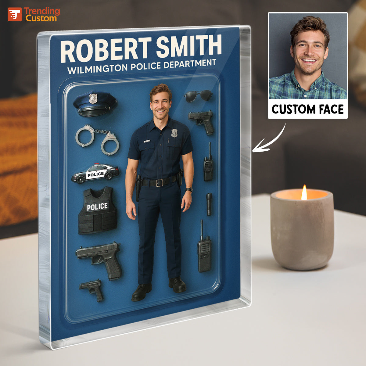 3D Effect Police Officer Custom Figure Personalized Rectangle Flat Acrylic Block Plaque, Unique Father's Day Gift For Police Officers, Dad, Husband [MALE version ONLY]